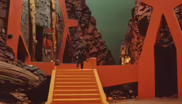a red stairway going up to a large structure