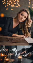 a woman sitting at a desk looking at the camera with her hands on her head