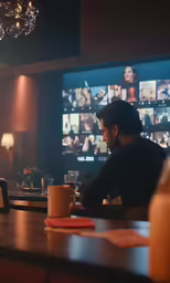 a person sitting at a table with cups and plates