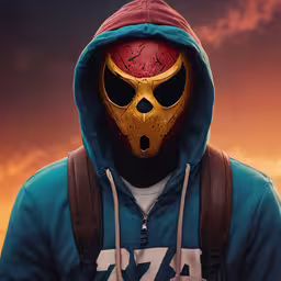 an image of the character as cosplaying,a person wearing a mask, hoodie and backpack
