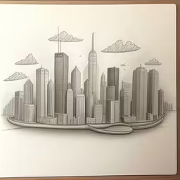 a drawing of a city with tall buildings on a plain,a drawing of the new york city skyline with a river running through it
