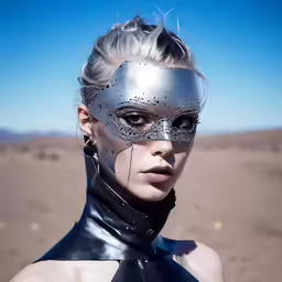 a woman wearing a silver mask and a leather outfit