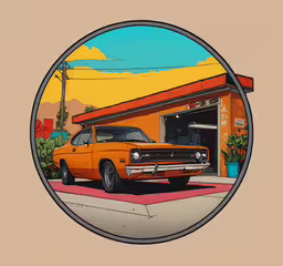 an orange car sitting in front of a garage,a painting of an old school car parked in front of a building