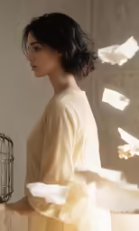 a girl with a cage in front of her