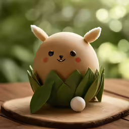 a white egg with brown ears sits in a grassy setting