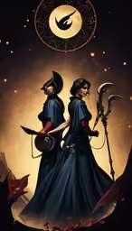 two girls standing with spears and wearing black