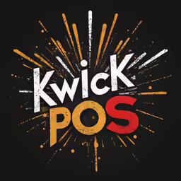 a poster for kwick pos with a large white and red text on the back