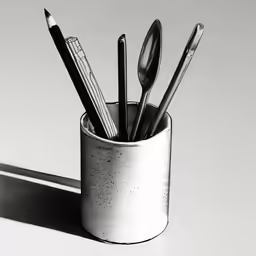 the cup is holding many utensils and pens