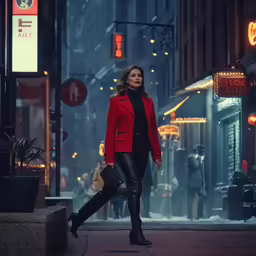 a woman with dark hair and wearing boots walks down a city street