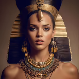 a woman with some jewelry in front of a wall