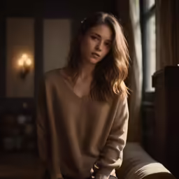 a woman in beige is sitting on a couch