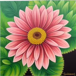 a painting of a pink flower on some green leaves,a painting of a large pink flower with green leaves