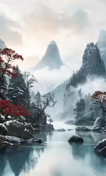 a beautiful and scenic view of mountains, trees, and a river