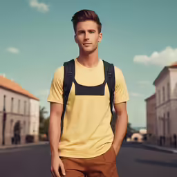 a male in a yellow shirt standing with a backpack on