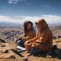 two people sit on top of a mountain using laptop computers