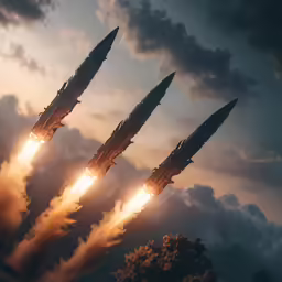 three rockets with long stems flying in the sky