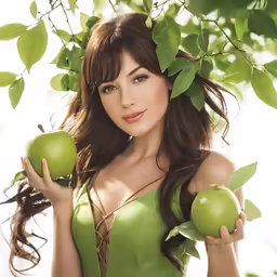 a woman in a green dress holding two green apples