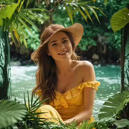 a beautiful woman sitting next to a bunch of plants