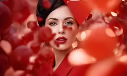 the woman with the red lips is in the midst of hearts