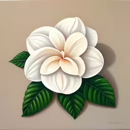 a painting of a white flower and green leaves on a brown background,a flower with large white petals on a beige background
