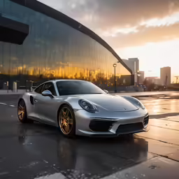 a white sports car parked in front of a building