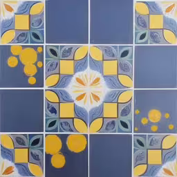 a blue tile design with yellow flowers on it,an artistic painting with yellow and blue accents