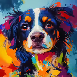 an artistic looking painting of a black and white dog