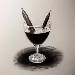 a glass filled with something next to a bottle
