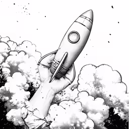 a pencil drawing of a rocket taking off from the clouds