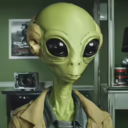an alien with very large black eyes looks to be smiling