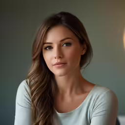 a young woman with long hair, looking down at the camera