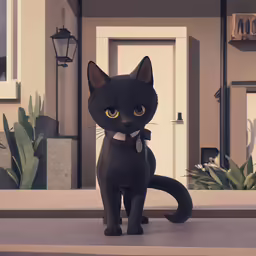 a black cat stands in front of a white door