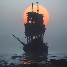 the silhouette of a ship is shown with the sun setting in the background