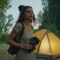 a woman with a camera next to a tent