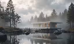 a building with glass windows is near a body of water