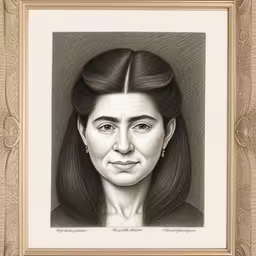 a drawing of a woman that is looking at the camera,portrait drawing of woman, by artist david scott,an art work depicting a woman in black and white,a portrait of a woman with long hair,a drawing of a woman with brown hair