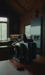 a black camera sitting on top of a wooden table