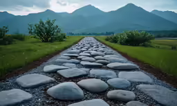 a long stone pathway leads into the mountains