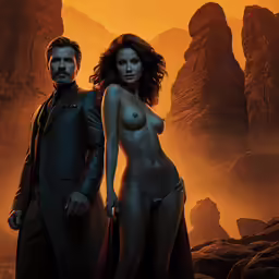 a man and a woman in swimsuits stand beside each other in the desert