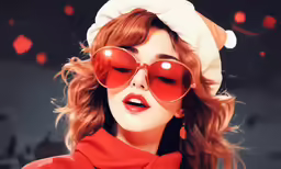a woman with red lips wears a santa hat, white top and sunglasses