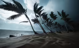 several trees on a sandy beach with the ocean in the background