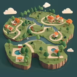 an illustration of a small village with water and houses