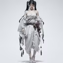a woman in a dress with an elaborate hair comb and a white top
