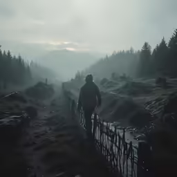 a man walking up to a fence in the mist
