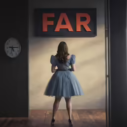 a woman standing by a sign that reads far
