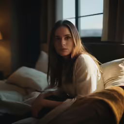 a woman sitting on top of a bed under a blanket