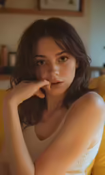 a woman posing on a yellow couch with her hand under her chin