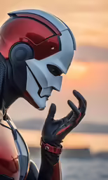 a man with headphones in a suit is holding his hand up to his face