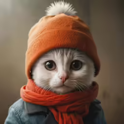 a kitten wearing a red and orange scarf, hat and jacket