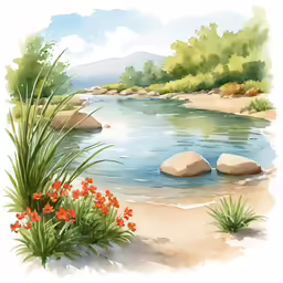 watercolor landscape with rocks and flowers